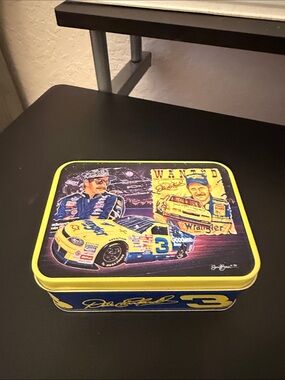 Dale Earnhardt Yellow and Blue Racing Collectible Tin, cars, & shipping box